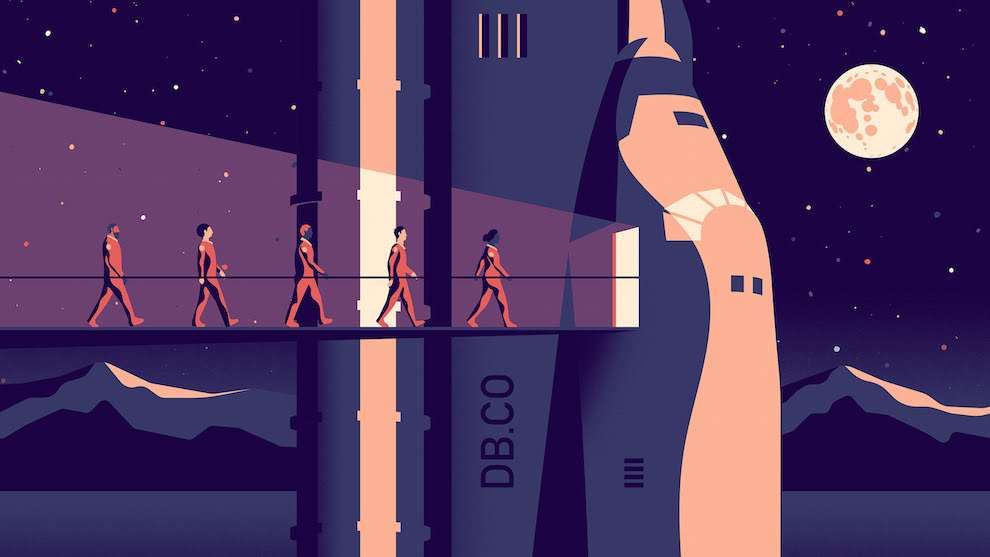 Jack Daly, Digital illustration of astronauts forming a line into a rocket, with stars and the moon in the background. ,